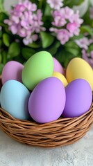 Fototapeta premium A colorful assortment of pastel eggs nestled in a woven basket, surrounded by vibrant flowers, perfect for Easter celebrations.