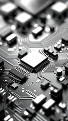A high-resolution close-up of a black circuit board with multiple microchips, highlighting the intricate design of electronic components. The sleek, modern aesthetic emphasizes the sophistication of s
