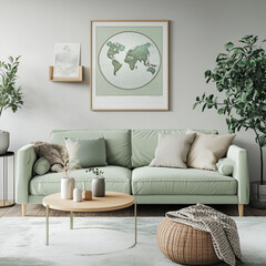 Stylish scandinavian living room interior with design mint sofa, furnitures, mock up poster map, plants, and elegant personal accessories. beautiful Home decor. Interior design. 