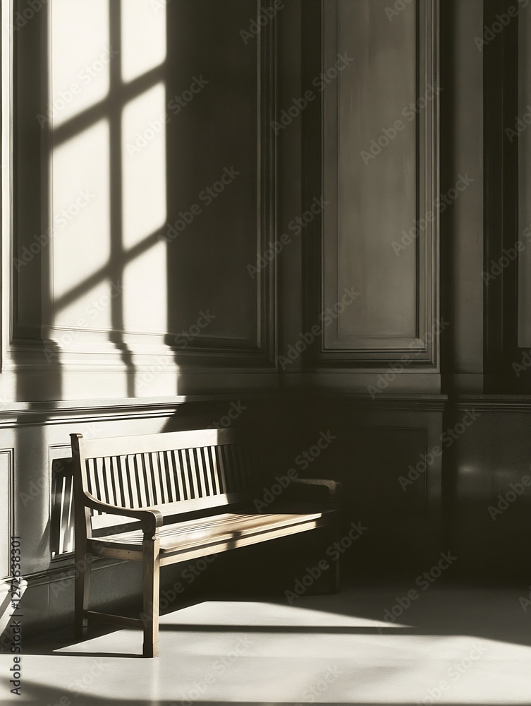 Poster elegant shadow play in a minimalist room featuring a simple wooden bench : generative ai