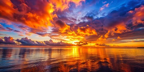Stunning Sunset over Calm Ocean, Vibrant Sky Colors, Golden Hour Seascape