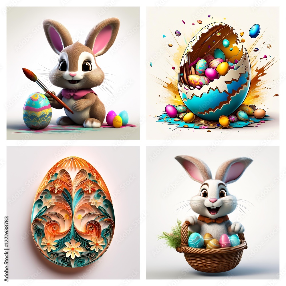 Poster four images display easter themed art with bunnies and decorated eggs. one bunny paints an egg, anot