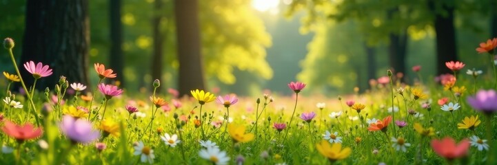 Wildflowers sway gently in the breeze amidst tall trees, gentle breeze, sunny landscape