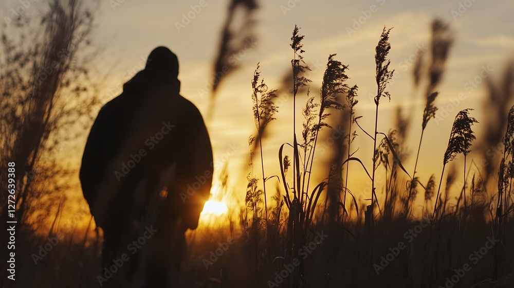 Aufkleber silhouette of a lone person walking through tall grass as the sun sets on the horizon creating a war