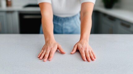 Fototapeta premium Woman's hands on kitchen counter, checking surface