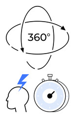 360-degree arrows encircling text, head with lightning bolt for ideas, stopwatch for time precision. Ideal for creativity, strategy, time management, innovation, productivity, brainstorming abstract