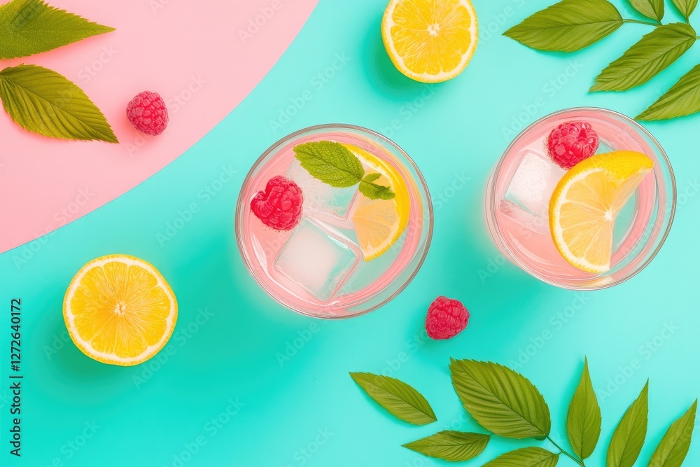 Wall mural Refreshing Summer Drinks with Lemon, Raspberry, and Mint on a Vibrant Background