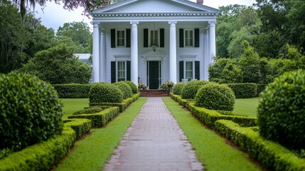 Fototapeta premium A stunning white house stands proudly, framed by elegant columns and a manicured garden. The pathway leads through vibrant greenery, inviting visitors to explore its serene beauty