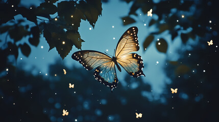 Magical fantasy butterfly with luminous wings against starry night sky. Magical Iridescent Butterflies. Illustration
