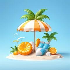 Obraz premium an AI Image Generator, Vibrant Beach Scene With Tropical Fruits Under An Umbrella