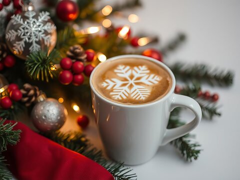 Festive cup of coffee with snowflake latte art on white surface, warm holiday lights in background, drink, seasonal, holiday