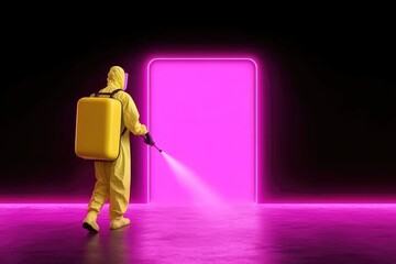 Fototapeta premium Futuristic Sanitization: Worker in Hazmat Suit Disinfecting Neon-Illuminated Doorway