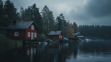 Obraz premium Red houses on a lake under a moody sky.