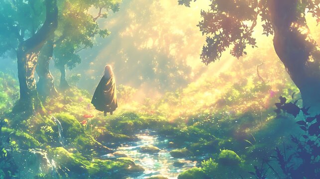 Stylized magical forest with soft morning light, A young wizard in a flowing robe stands on the bank of a sparkling river, colorful anime style