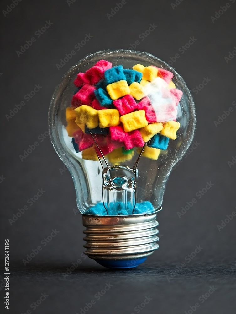 Poster Creative Conceptual Image of Light Bulb Filled with Colorful Candy Blocks : Generative AI