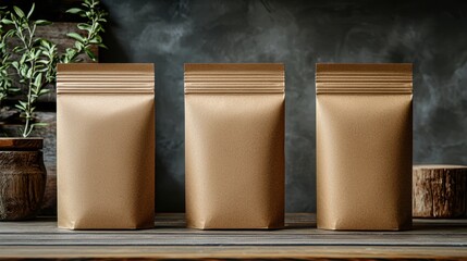 Three brown kraft paper bags arranged on a rustic wooden table in a natural light setting