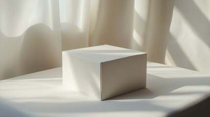 White box placed on a wooden table in a well-lit indoor setting with a neutral background