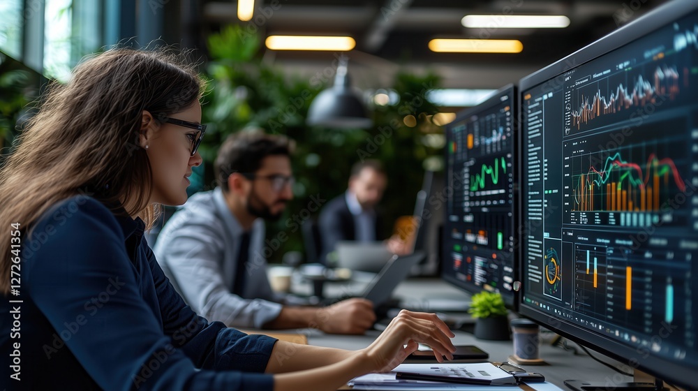 Poster financial analyst analyzing data on multiple monitors in modern office environment with colleagues w