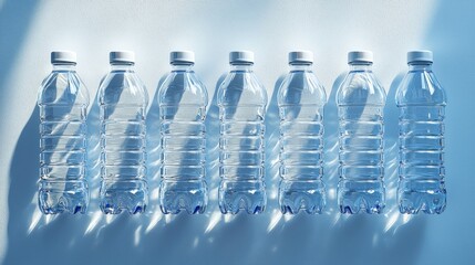 Row of plastic water bottles arranged neatly on a white background for beverage and hydration concepts