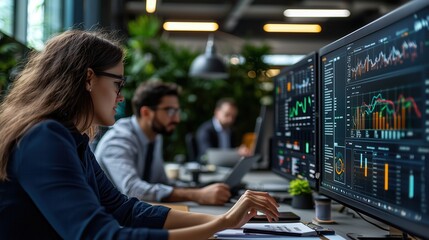 Financial Analyst Analyzing Data on Multiple Monitors in Modern Office Environment with Colleagues Working in Background