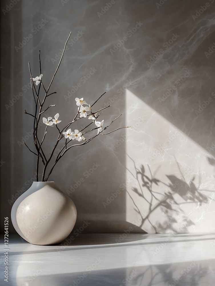 Poster elegant vase with white orchid branches casting shadows on a marble background : generative ai