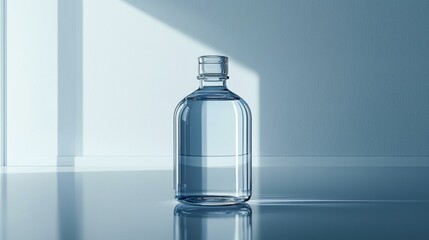 Clear bottle of water placed on a wooden table with natural lighting in a simple indoor setting