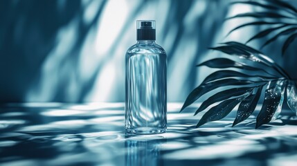 Bottle of water placed next to a green plant on a wooden surface in natural lighting