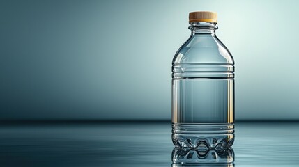 Bottle of water with a wooden cap on a wooden surface in natural lighting