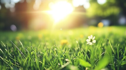 Fototapeta premium Sunlit Meadow with Flower in Blurry Focus Under Sparkling Sunshine : Generative AI