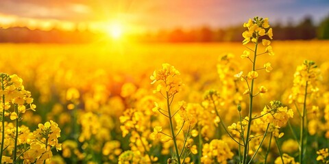 Fototapeta premium Summer Rapeseed Field, Golden Bokeh, Blooming Canola Flowers, Sunny Landscape