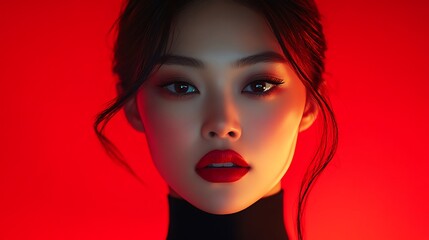 A high-fashion beauty advertisement featuring an Asian model in a sleek black outfit, vibrant red lipstick creating a bold contrast, moody lighting with soft golden reflections, refined and powerful,