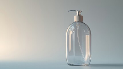 Glass bottle with a pump placed on a clean white surface for dispensing liquid products