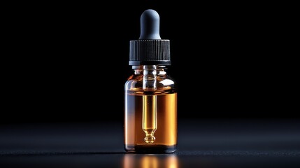 Clear bottle with cbd oil placed on wooden surface with natural lighting in a minimalist setting