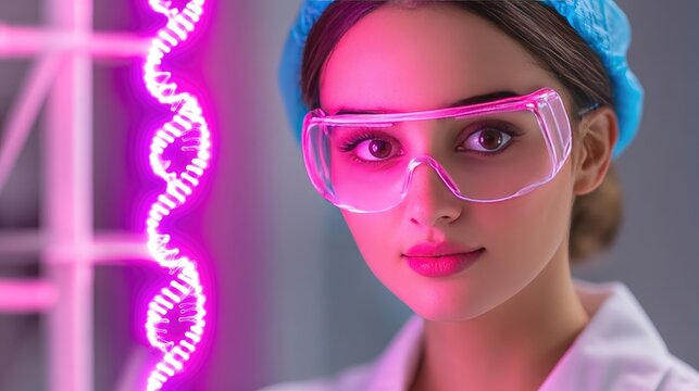 Young Scientist in Laboratory with Neon DNA Strand and Protective Gear