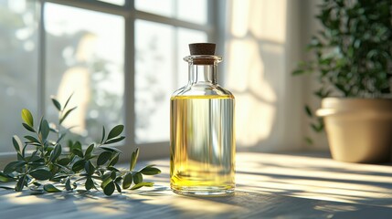 Bottle of olive oil on a wooden table with fresh herbs and garlic in the background