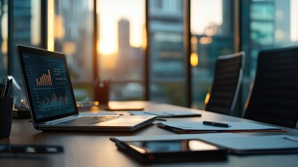 Modern Workspace with Laptop Displaying Financial Data and Charts Against Sunset Over City Skyline
