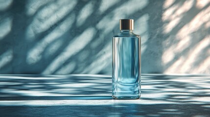Bottle of water on a wooden table with a soft light background and a natural setting