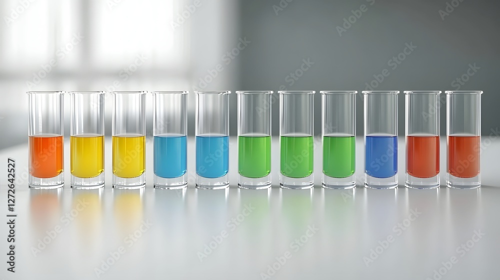 Poster a collection of colorful glass beakers filled with various chemical reagents and solutions commonly 