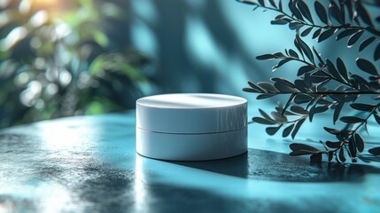 White jar of cream placed on a wooden table with a neutral background for skincare product display
