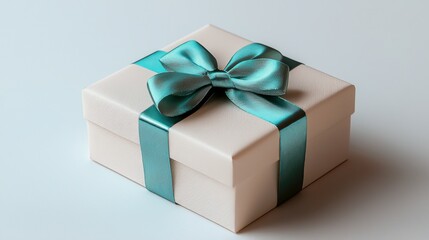 White gift box with green bow on top resting on a wooden surface for special occasions and celebrations