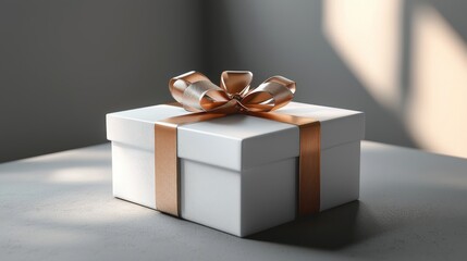 White gift box wrapped with a brown ribbon on a neutral background for celebration or gifting purposes