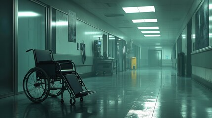 Abandoned Hospital Corridor with Wheelchair in Dim Lighting