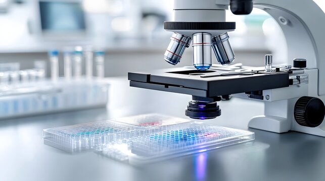 Close up detail of a fluorescent DNA microarray slide being examined under a powerful microscope in a high tech scientific research laboratory