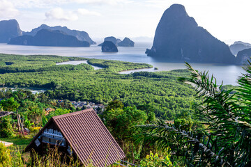 High angle nature background from a beautiful viewpoint of the mountain in the middle of the sea in...