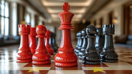 Red king chess piece stands out among other pieces on a chessboard.