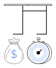 Bag with dollar sign, stopwatch, and desk emphasizing efficiency, budgeting, and goal setting. Ideal for productivity, time management, finance, work balance savings deadlines abstract line flat