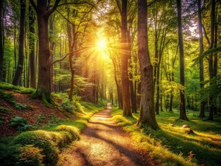 Obraz premium Sunlit Forest Path: Vintage Photography - Serene Nature Trail