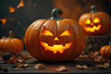 Fototapeta premium Big pumpkin with carved funny glowing face standing on background of Halloween decor. Close up of jack-o-lantern standing on right side on wooden table. Halloween holiday concept. Blurred background 