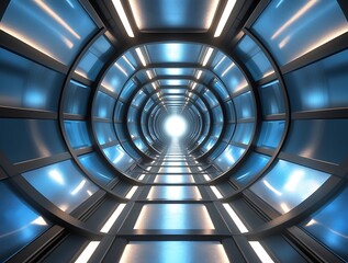 Naklejka premium Futuristic tunnel with a glowing white exit, symbolizing speed, technology, and progress, designed with sleek metallic surfaces and a high-tech atmosphere.