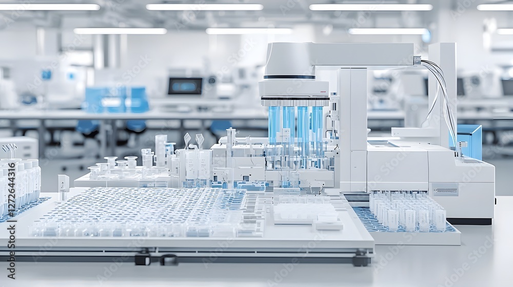 Aufkleber Futuristic 3D Rendering of a Sequencing NGS Machine Analyzing Genetic Data in a Modern Science Laboratory Setting